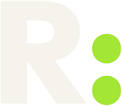 Rondeja-Logo: ein weißes R mit zwei grünen Punkten